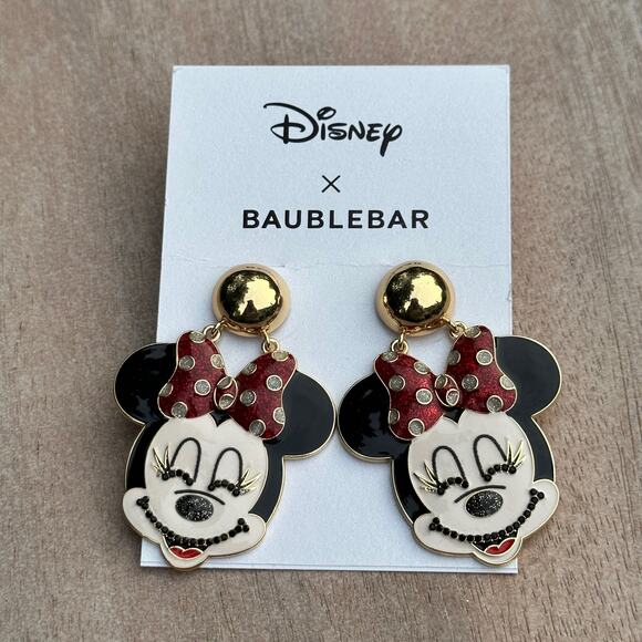 New Disney Baublebar Minnie Mouse Red Rhinestone Bow Dangling Earrings Animated - Picture 1 of 10